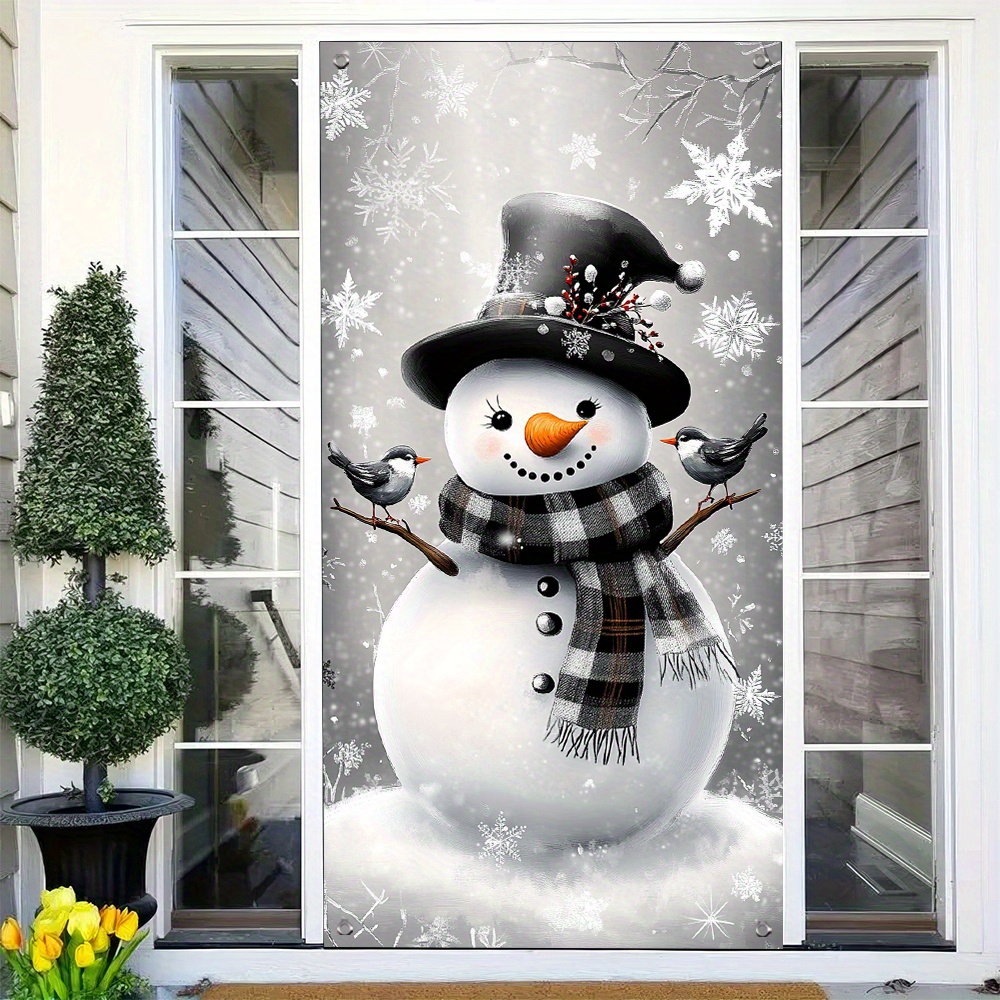 

Charming Black & White Snowman Christmas Door Cover - Versatile Indoor/outdoor Holiday Decoration, Polyester, 35.4x70.9in, Christmas Decor