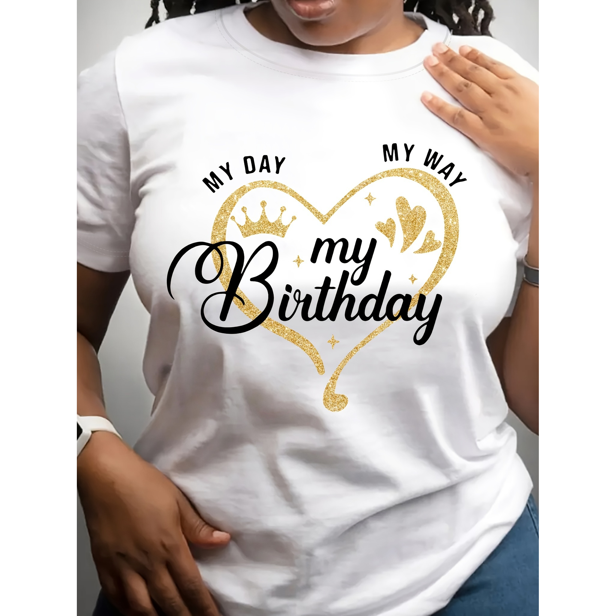 

Large Sizesummer And 's Clothing, My Birthday Graphic Printed T-shirt, Short Sleeve Round Neck Casual Top