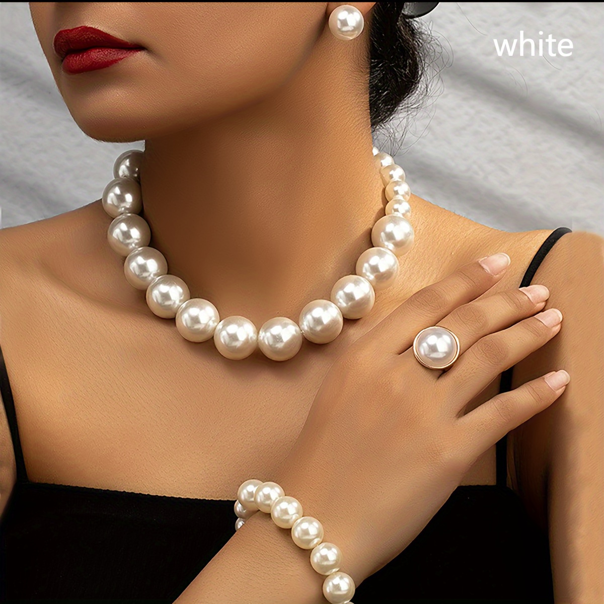 TEMU Vintage French-inspired 5pcs Jewelry Set - Elegant Pearl Necklace, Bracelet, Earrings, And Ring For Women - Sexy And Cute Fashion Accessories For Weddings, Luxe Style