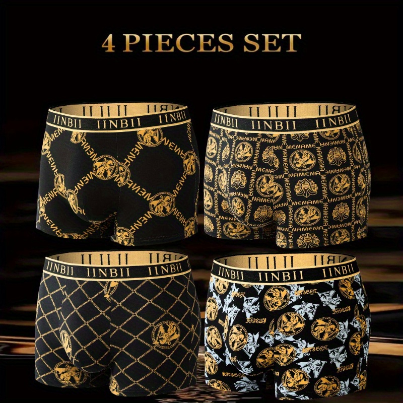 

Boxer pour hommes, lot de 4, design noir et or de luxe, tissu et respirant, polyester extensible moyen, couleur unie, tissu tricoté, sous-vêtements de 'extérieur .