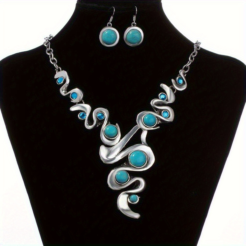TEMU 3 - Piece Set! Bohemian - Style Jewelry Set, Including 3 Pairs Of Earrings And 1 Necklace, Inlaid With Turquoise, Dainty And , Essential For