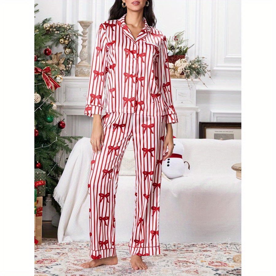 

Womens 2 Piece Christmas Pajama Set Long Sleeve Stripes Print Button Up Shirt + Pants Set Loungewear