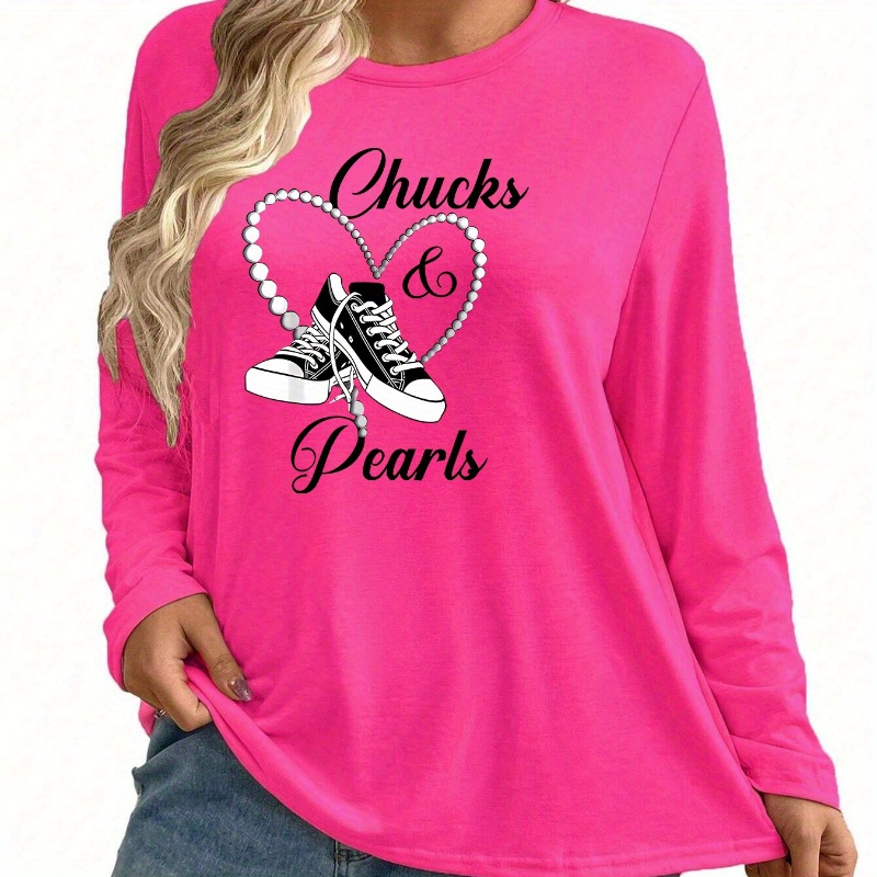 

Women's Casual " & Pearls" Graphic Long Sleeve T-shirt With Crew Neck, Knit Polyester Spandex , Slight Stretch Fabric - Alphabet Print Tee For All