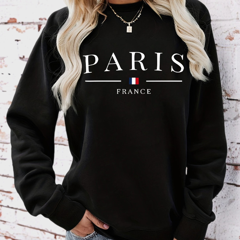 

Paris France Letter Neck Women's Sweatshirt Casual Sport Long Sleeve Pullover Knit Polyester With Slight Stretch For