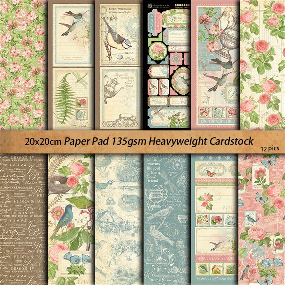 

Bloc de papier floral et botanique vintage, 12 feuilles, 20x20cm, carton épais de 135gsm pour le scrapbooking, le journaling, les DIY et les projets d'art