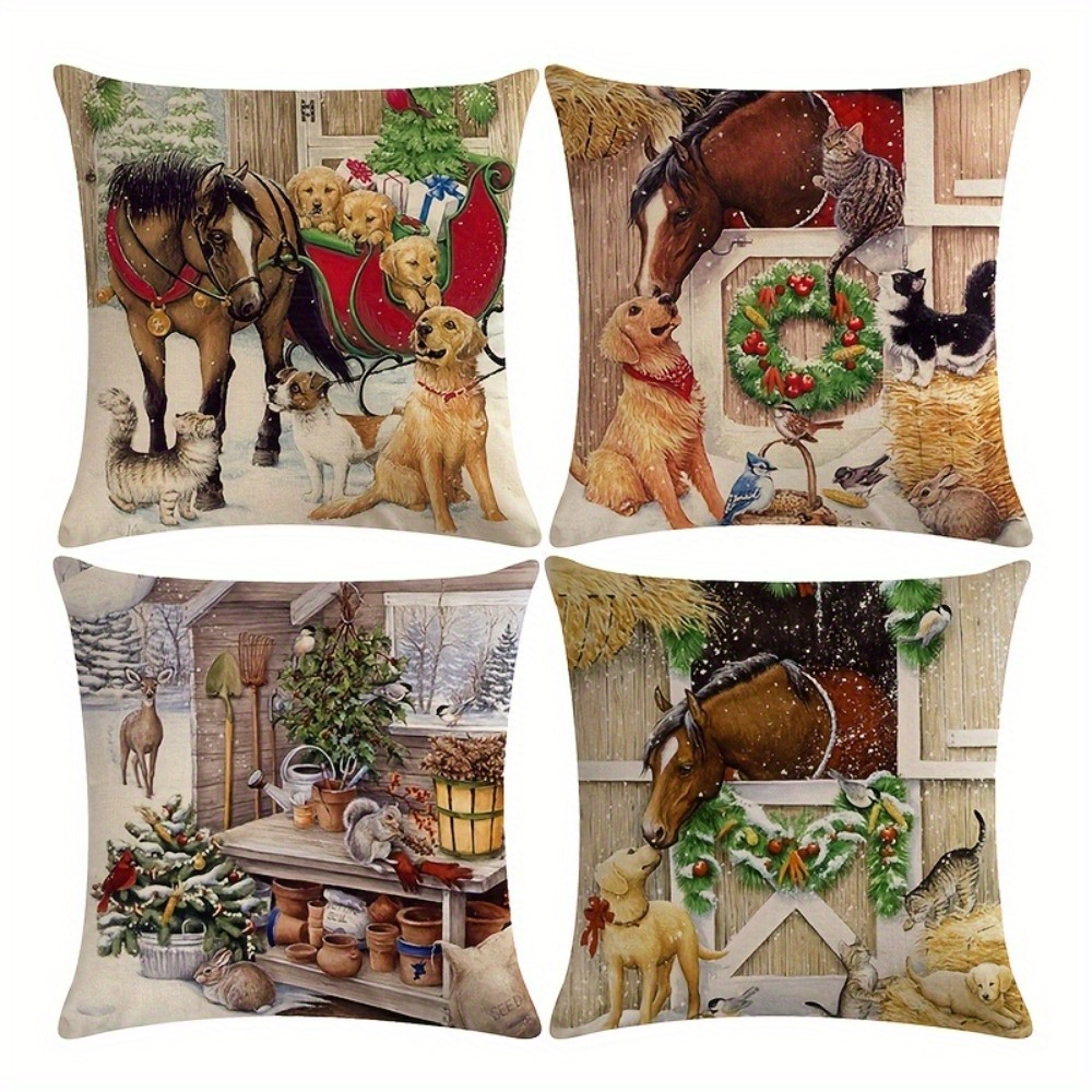 

4pcs Christmas Cushion Set, 18x18 Inches, Cartoon Horse & Cat Design, Polyester Pillowcases, Traditional Style, Multiple Room Decor, Zippered Cover, Machine Washable