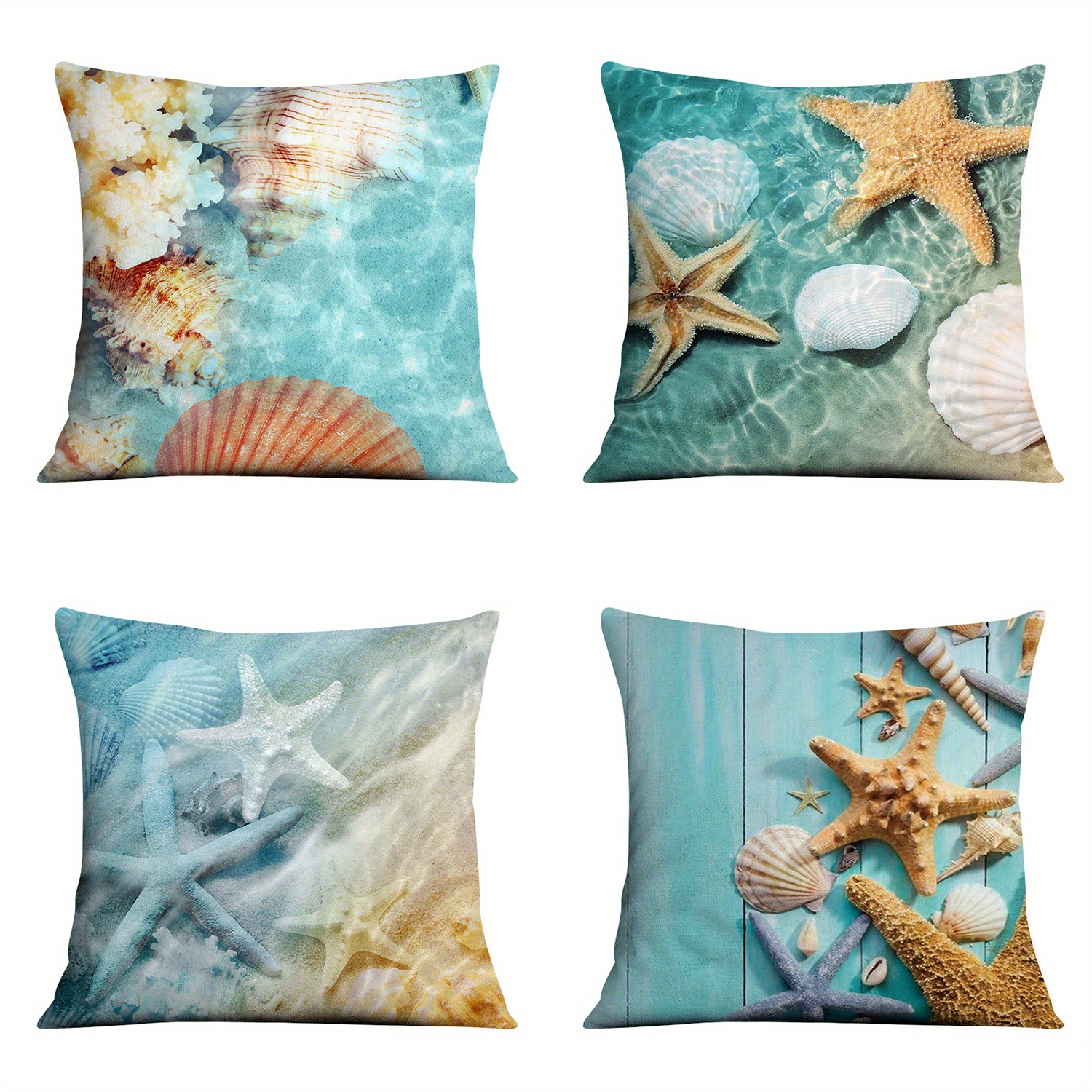 

4pcs Beach Farmhouse Decorative Throw Pillow Covers - Coastal Shell, Starfish & Conch Designs With Wave Accents - , Zip Closure - Sofa, Bed, Living Room - Hand Wash Only (inserts Not Included)