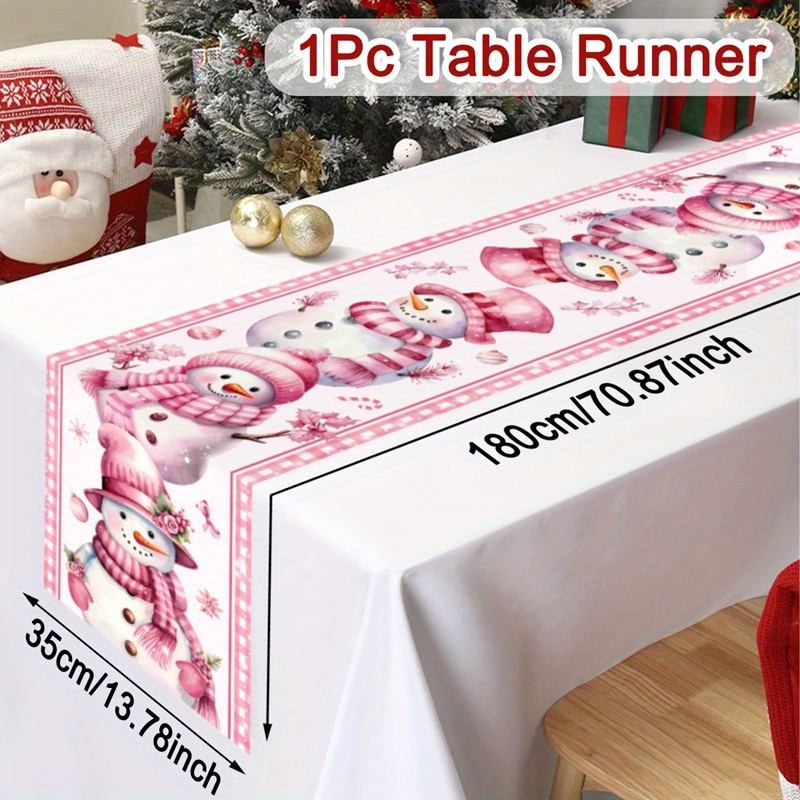 Image of Pink Snowman Christmas Table Runner - 14"x70" Polyester, Perfect For Holiday Family Gatherings & Party Decor, Christmas Decor