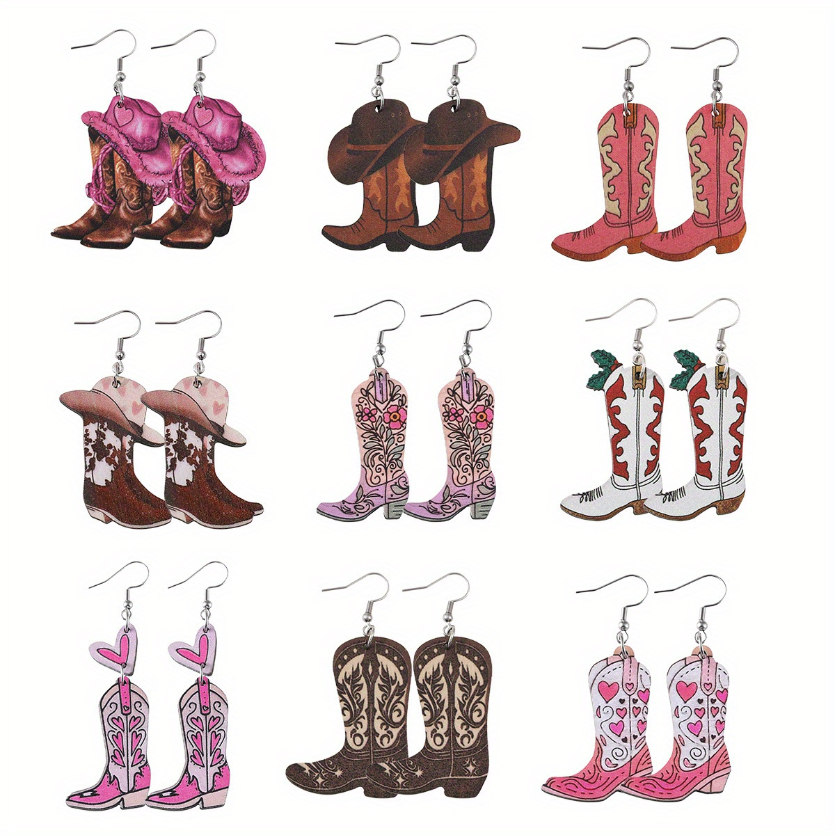 TEMU 9-pair Earrings Set - Vibrant Cowboy Hat & Boot Designs In Wood, Double-sided Pendant Style For Casual Attire & Gifting, Western Accessory|themed Outfit Accents|wooden Earrings, Quirky Earrings