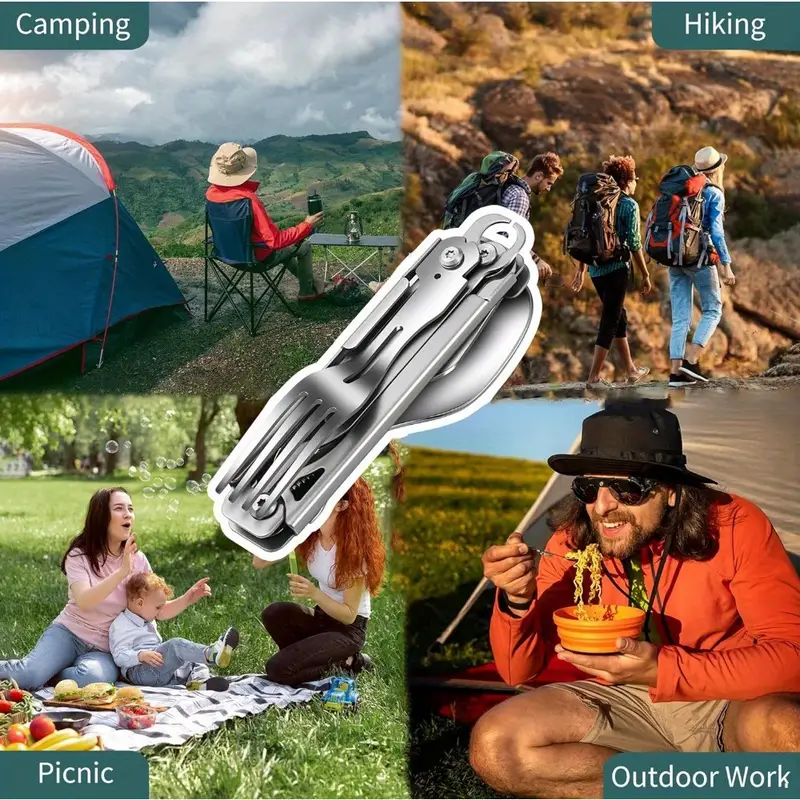 2pack folding flatware set detachable camping utensils flatware set multi function travel pocket cutlery folding spoon fork knife wine bottle opener can opener portable combo set Product details 6