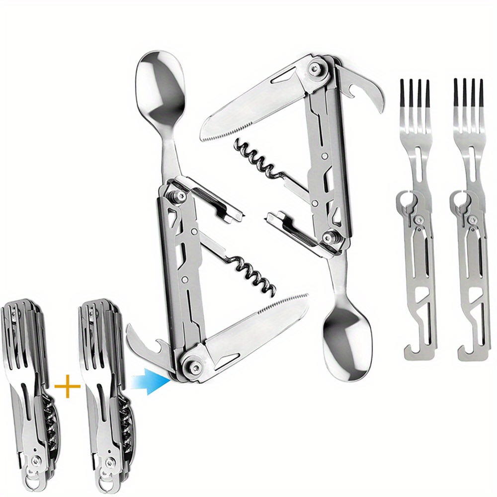 TEMU 2pack Folding Flatware Set Detachable Camping Utensils Flatware Set - Travel Pocket Cutlery Folding Spoon, Fork, Knife, Wine Bottle Opener Can Opener Portable Combo Set