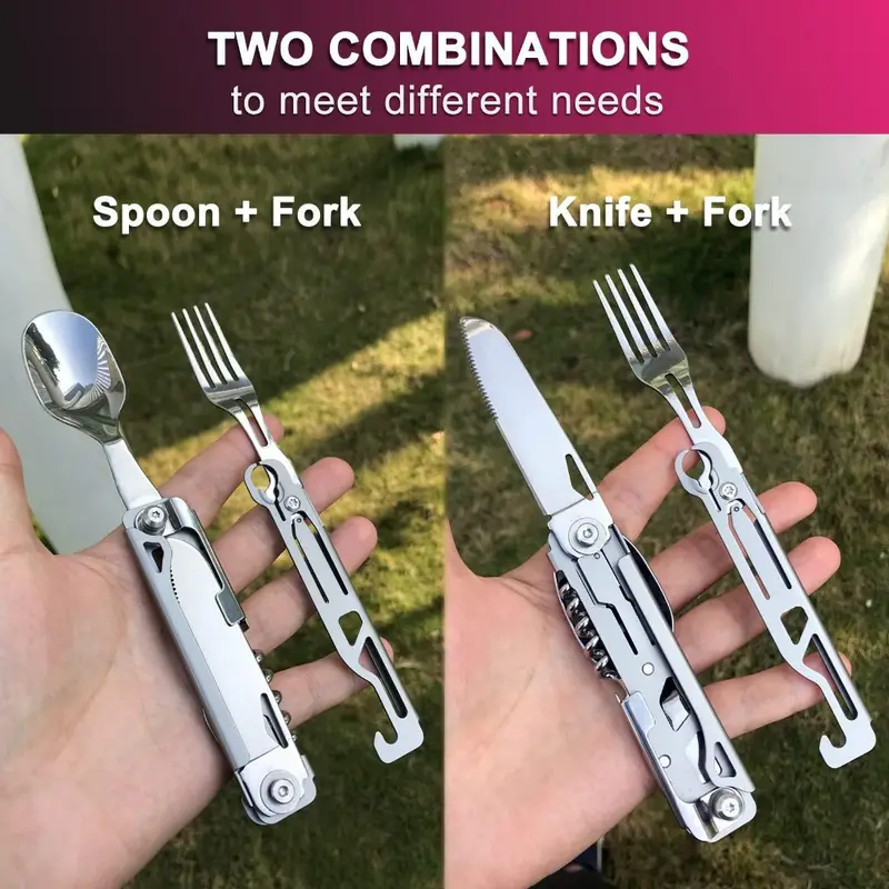 2pack folding flatware set detachable camping utensils flatware set multi function travel pocket cutlery folding spoon fork knife wine bottle opener can opener portable combo set Product details 5