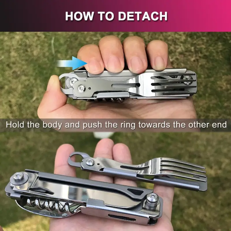 2pack folding flatware set detachable camping utensils flatware set multi function travel pocket cutlery folding spoon fork knife wine bottle opener can opener portable combo set Product details 4