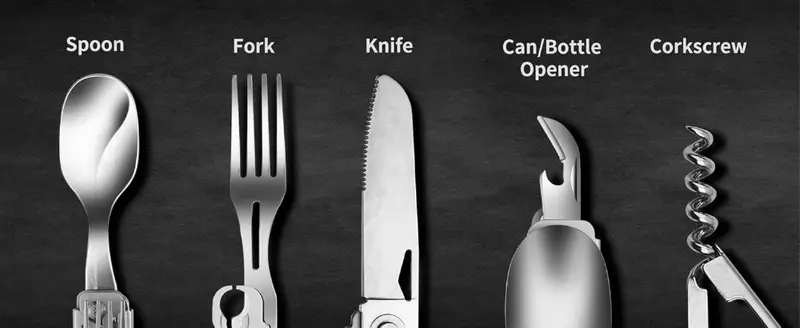 2pack folding flatware set detachable camping utensils flatware set multi function travel pocket cutlery folding spoon fork knife wine bottle opener can opener portable combo set Product details 1