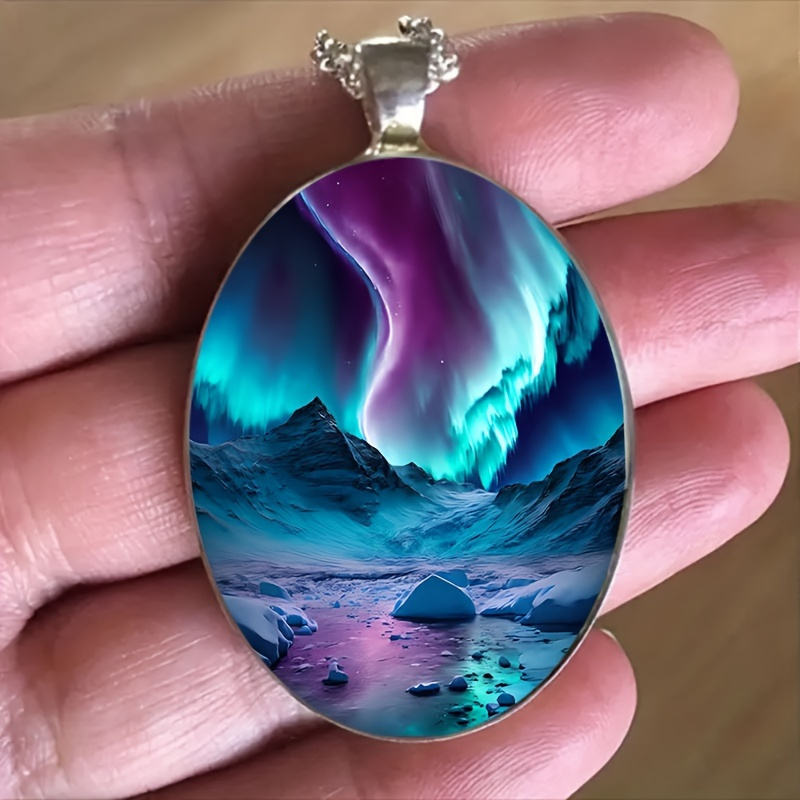 TEMU 1 Piece Stylish And Elegant Aurora Landscape Pattern Oval Alloy Glass Pendant Chain Necklace