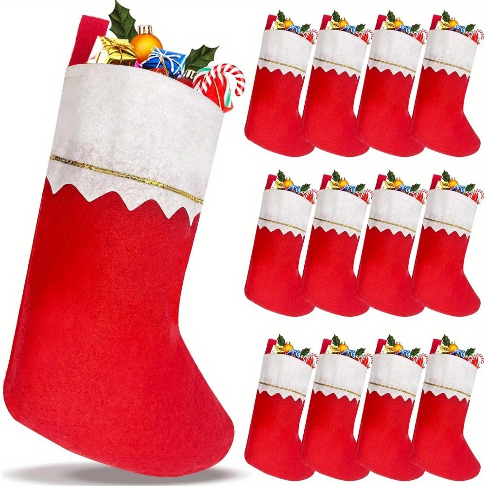 

12-pack Classic Red And White Felt Christmas Stockings, 15-inch Festive For Christmas Tree And Fireplace Decor, Fabric Gift Wrap Storage Set