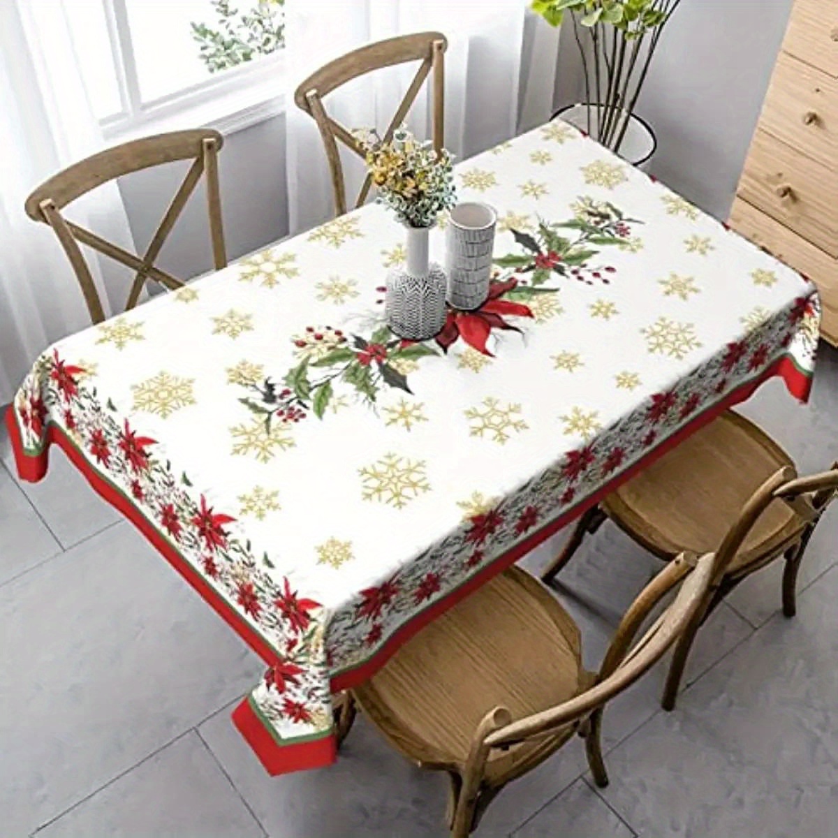 

Washable Floral Christmas Tablecloth - Rectangular Polyester Holiday Decor For Dinner Parties & New Year Celebrations