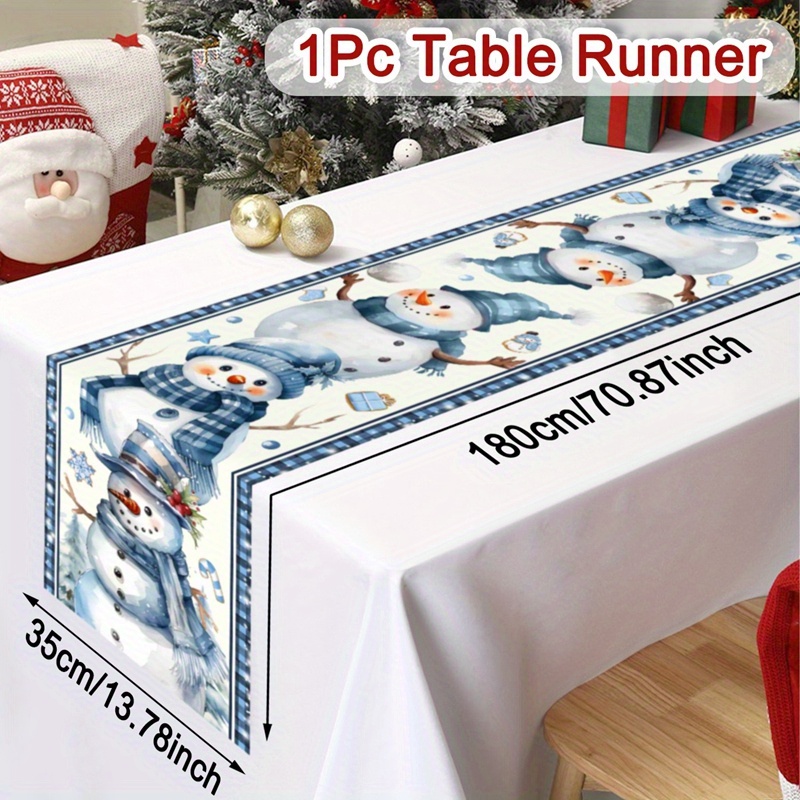 Image of Blue Snowman Christmas Table Runner - 13.78" X 70.86" Polyester Holiday Decor, Perfect For Family Gatherings & Party Centerpieces, Christmas Decorations