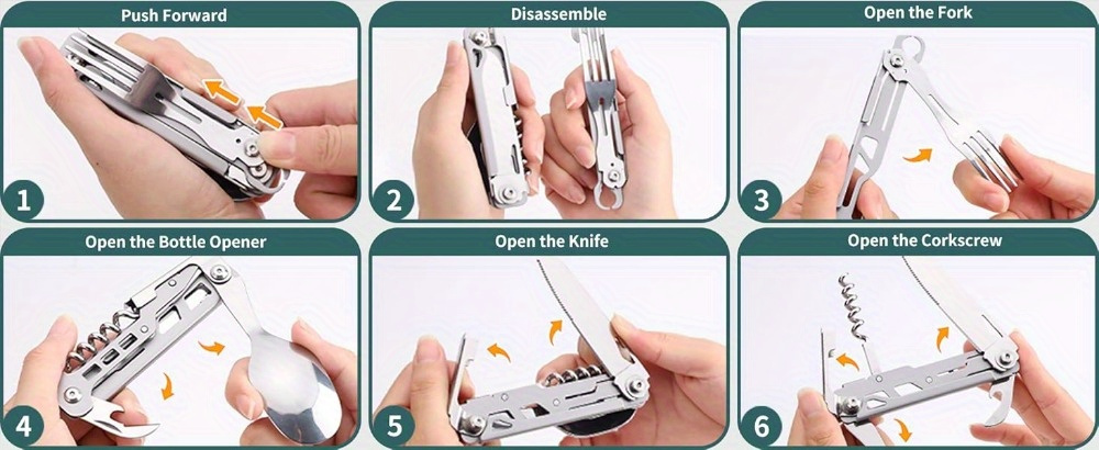 folding flatware set 2 pack outdoor stainless steel multi function camping folding knives forks spoons wine bottle opener 6 in 1 outdoor travel tableware stainless steel camping tableware detachable camping utensils flatware Product details 2