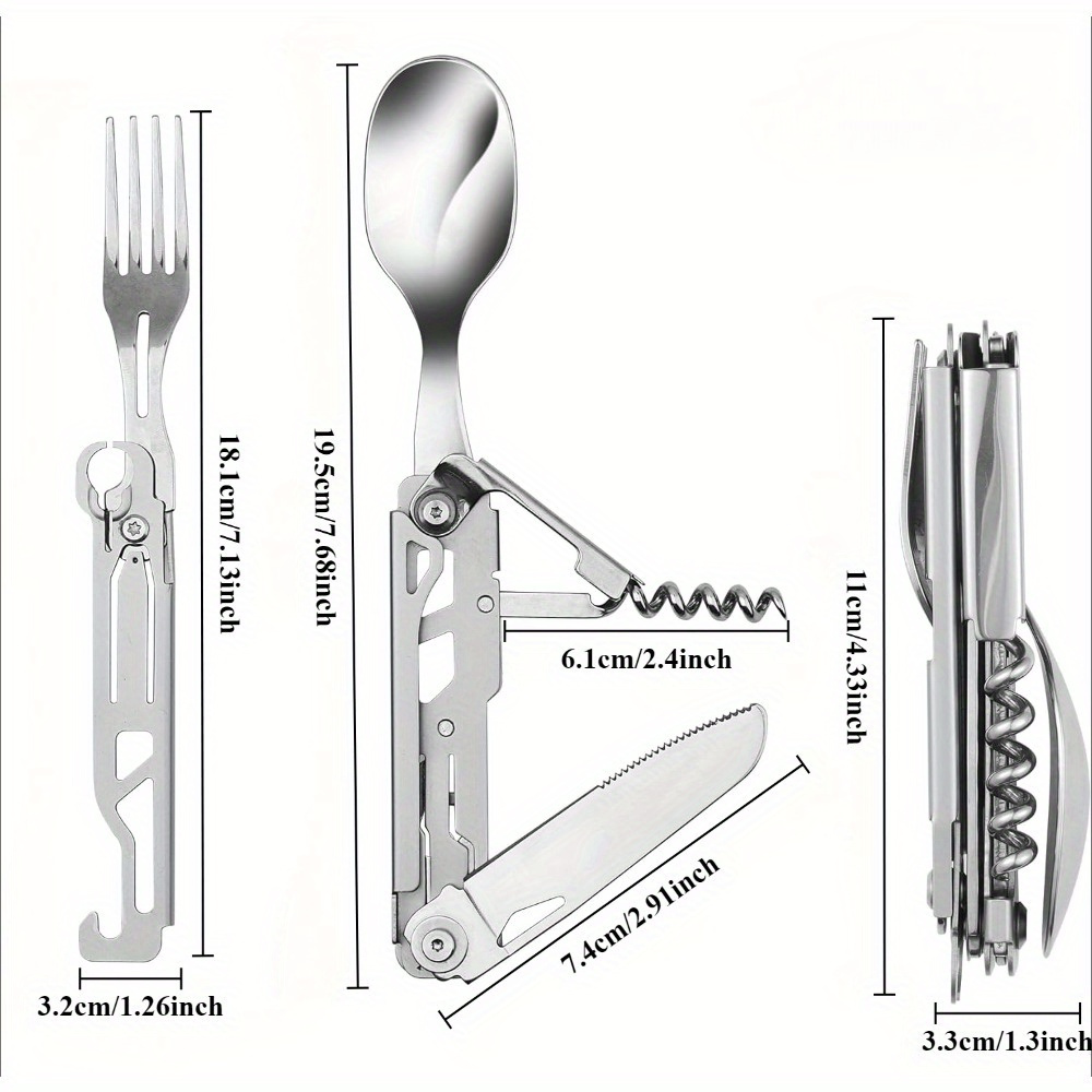 folding flatware set 2 pack outdoor stainless steel multi function camping folding knives forks spoons wine bottle opener 6 in 1 outdoor travel tableware stainless steel camping tableware detachable camping utensils flatware Product details 7