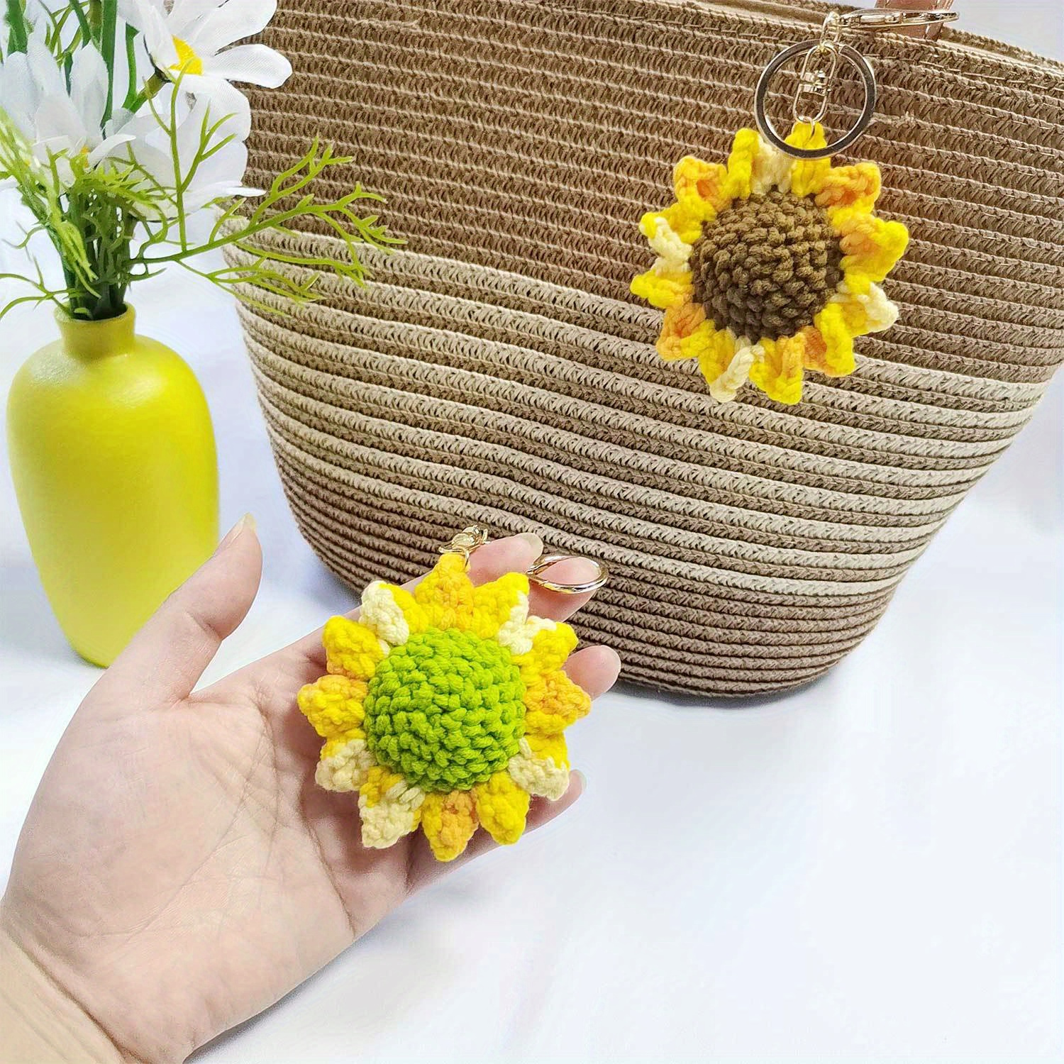 

A Finished Product Of A Cartoon Sunflower Keychain. A Cute Yarn Crochet Creative Keychain, A Couple's Backpack Accessory, Thanksgiving Keychain.