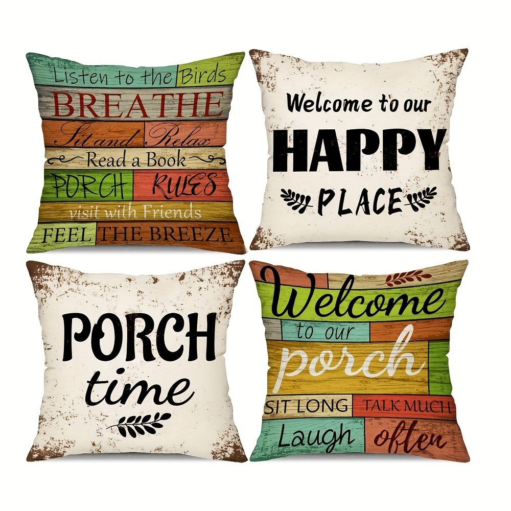 

Jit1/4pcs Summer Retro Outdoor Pillow Cover, 18x18 Inches Welcome To Our Porch Logo And Breathing Letter Decorative Pillowcase For Swings, Gardens, Hammocks, Chairs, Sofas