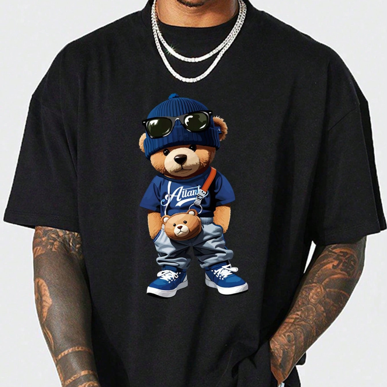 

Trend, 1 Piece, 100% Cotton T-shirt, Cartoon Teddy Bear, Print Design, High-quality Breathable Material, Soft Skin, Sweat Absorbent Men