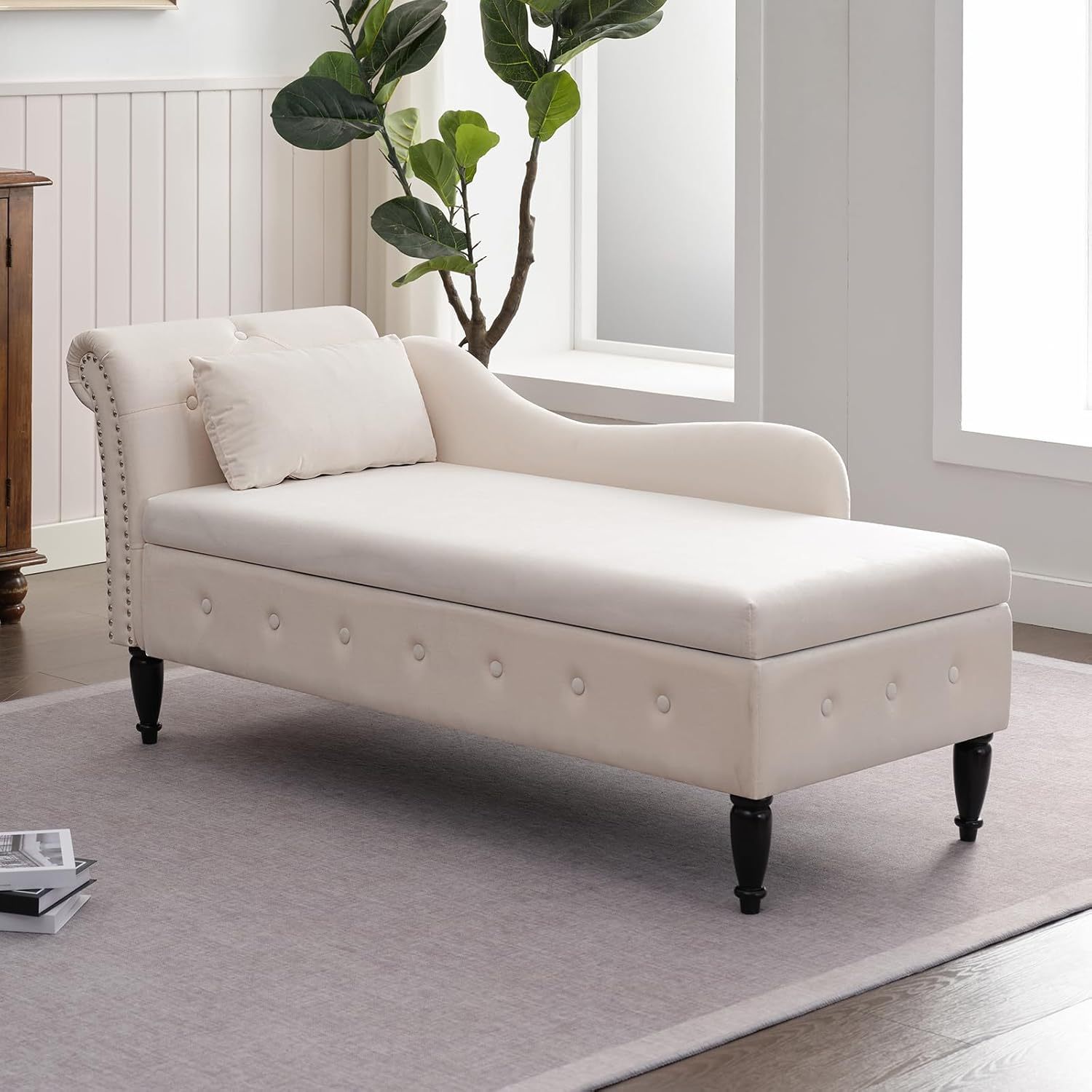 

Chaise Lounge Indoor With Storage, Modern Upholstered Tufted Storage Chaise Lounge Sofa With -trimmed & Armrest, Chair For Living Room/apartment/bedroom (white)