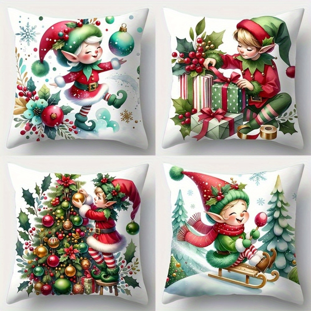 

Festive Elf And Gift Christmas Pillow Cover - 18x18 Inches, Single-sided Print, Polyester, Zipper Closure - Perfect For Sofas And Home Decor (without Padding)