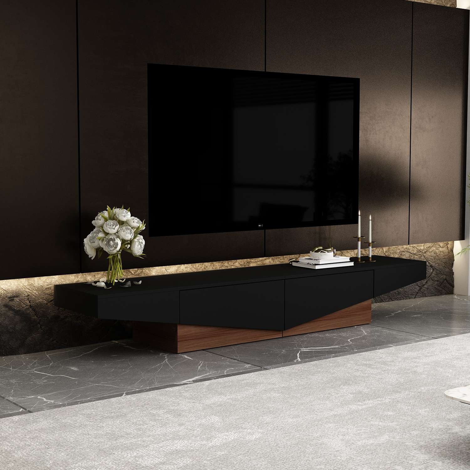 TEMU Modern Tv Stand With 2 Drawers, Black And Natural Wood Media Console Table, Design, Minimalist Style, Durable Mdf Construction, Spacious Storage