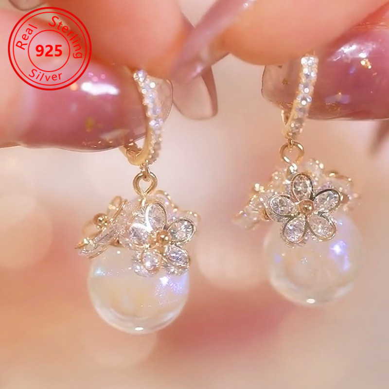 

1 Pair Of Elegant Zirconia And Pearl Pendants 925 , Flower Earrings - Perfect For Special Occasions Banquets, Gifts For Her