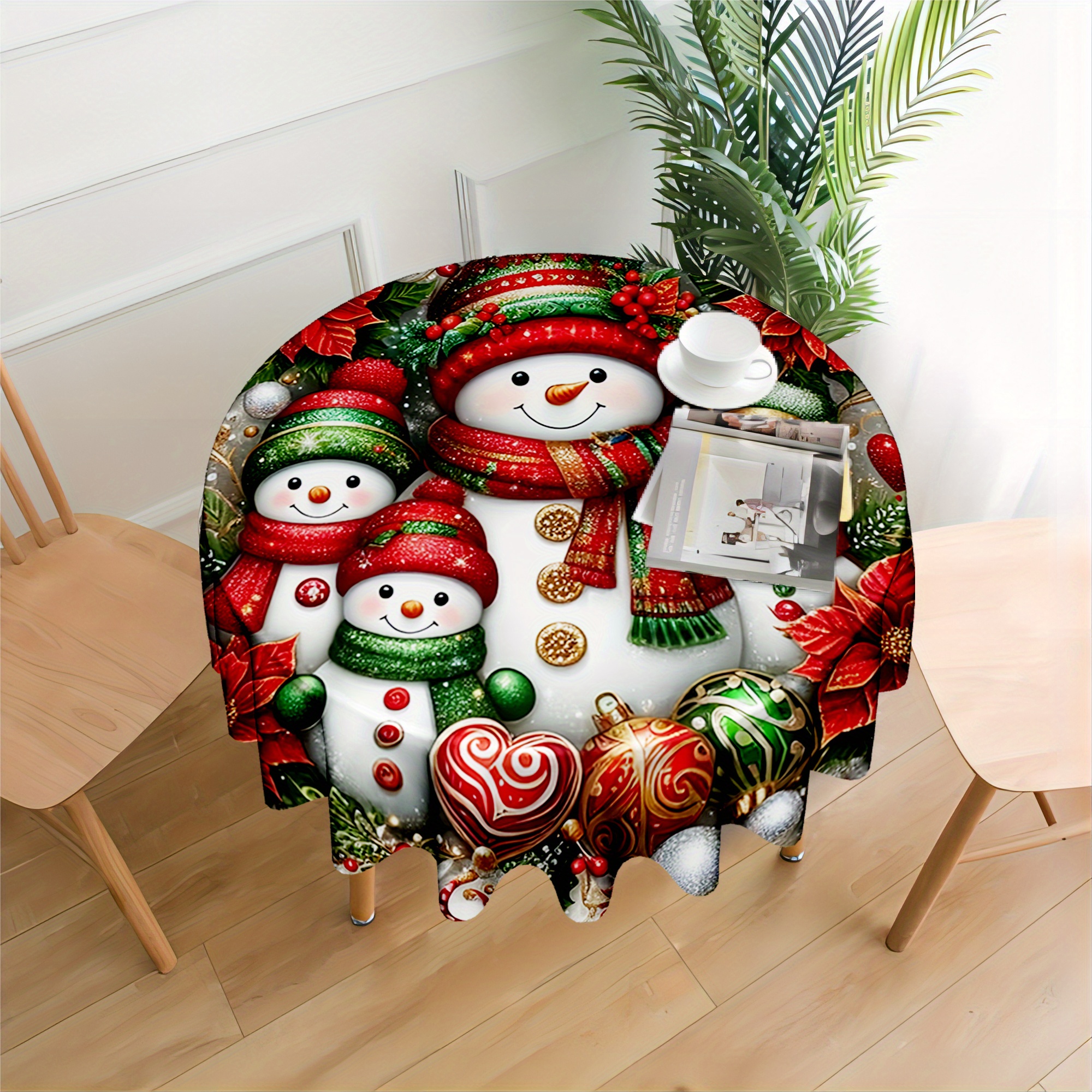 

Christmas Snowman Round Tablecloth, 100% Polyester , Table For , , And Camping Decor