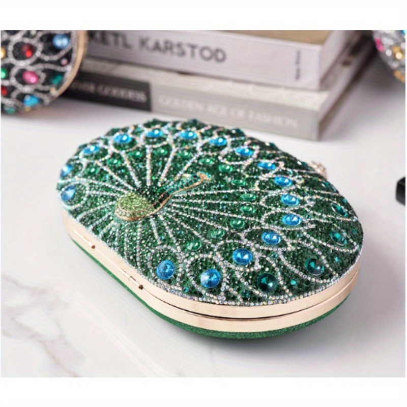 elegant peacock embellished evening clutch womens fashion handbag retro party purse gray peacock green polyester lining pu material animal print snap closure details 10