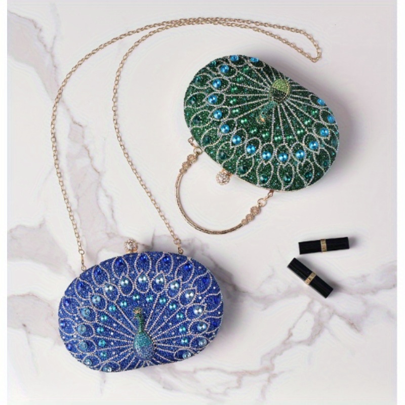 elegant peacock embellished evening clutch womens fashion handbag retro party purse gray peacock green polyester lining pu material animal print snap closure details 11