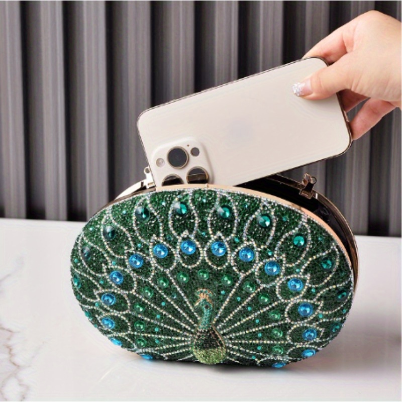 elegant peacock embellished evening clutch womens fashion handbag retro party purse gray peacock green polyester lining pu material animal print snap closure details 12