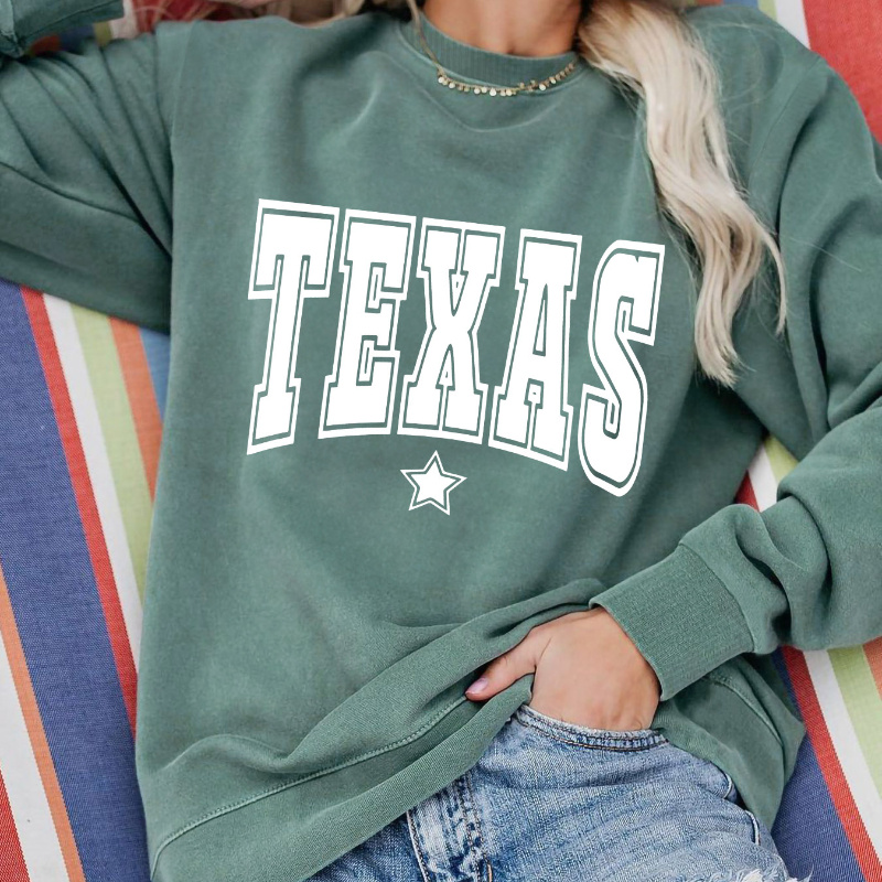 

Texas Letter Print Long Sleeve Sweatshirt - Women's Fashion Casual Sweatshirt With Round Neckline And Polyester Fabric