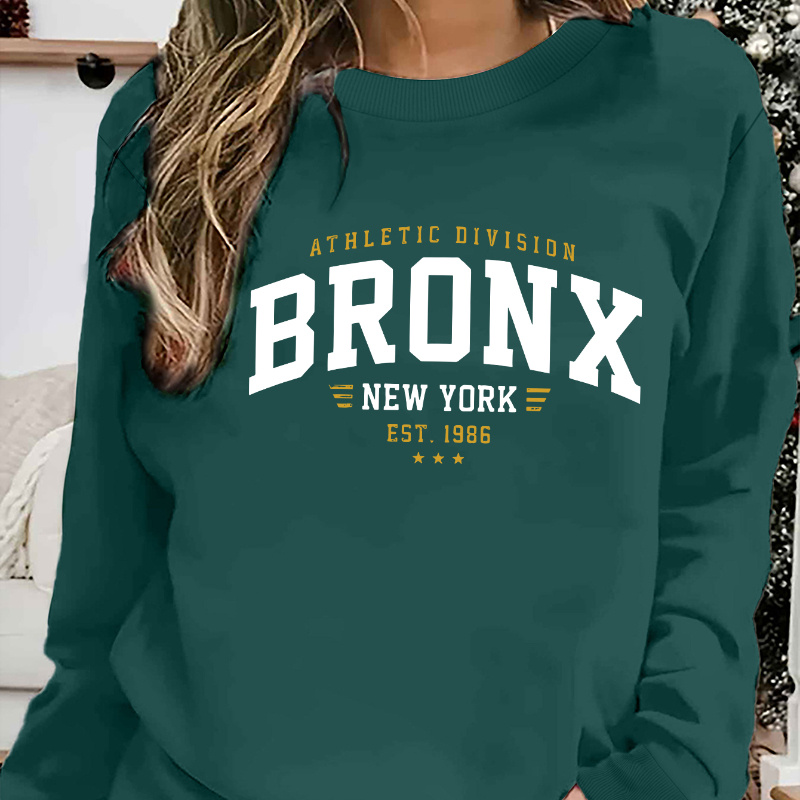 

New York Bronx Athletic Division Print Crew Neck Sweatshirt - 100% Polyester Knit Fabric, Casual Long Sleeve Pullover With Slight Stretch, All-season Comfort Fit For Adults