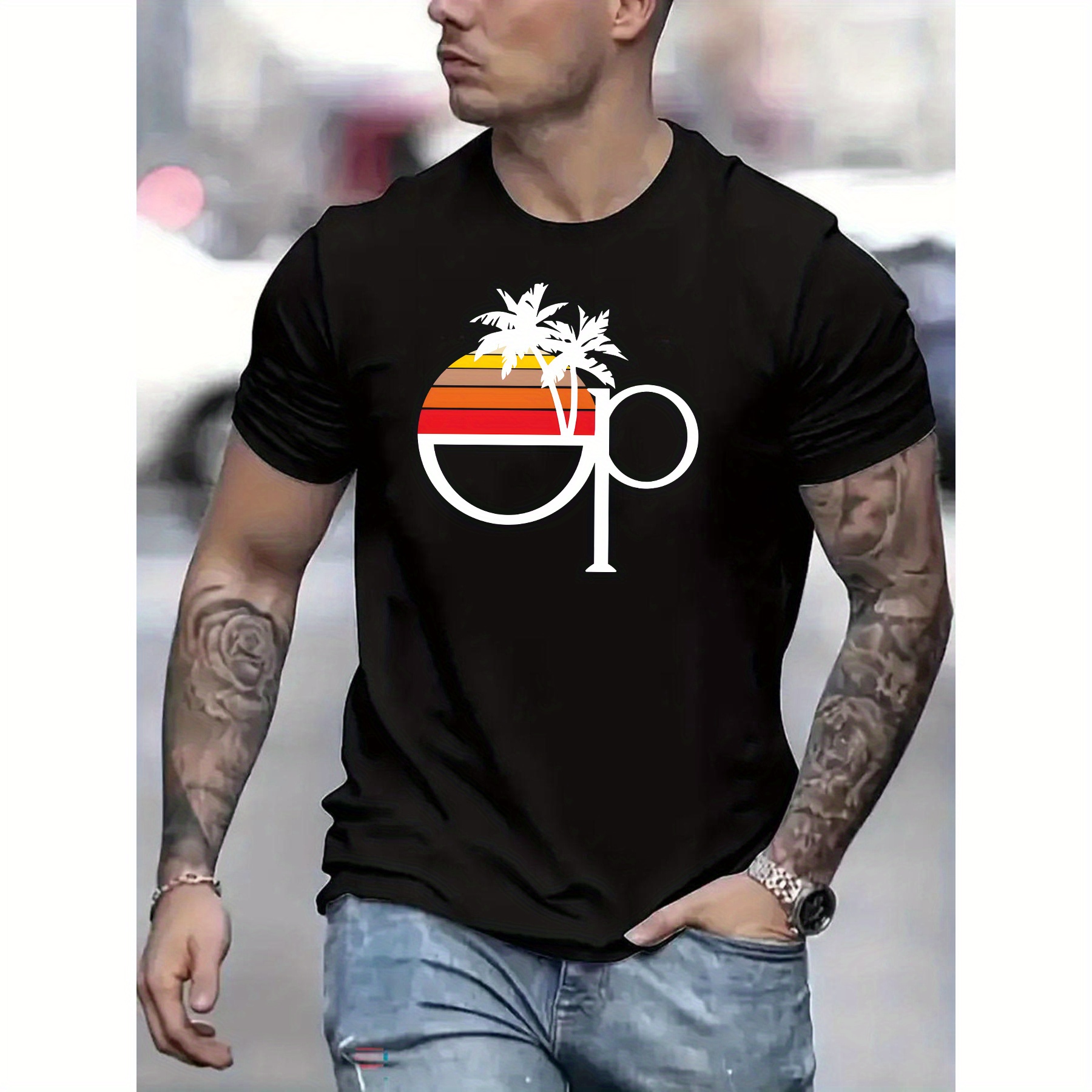 

Men's Casual Short Sleeve T-shirt, Op Logo, Geometric Print, Round Crew Neck, Lightweight Polyester, Summer Fashion, Regular Fit, For Daily And Leisure Wear