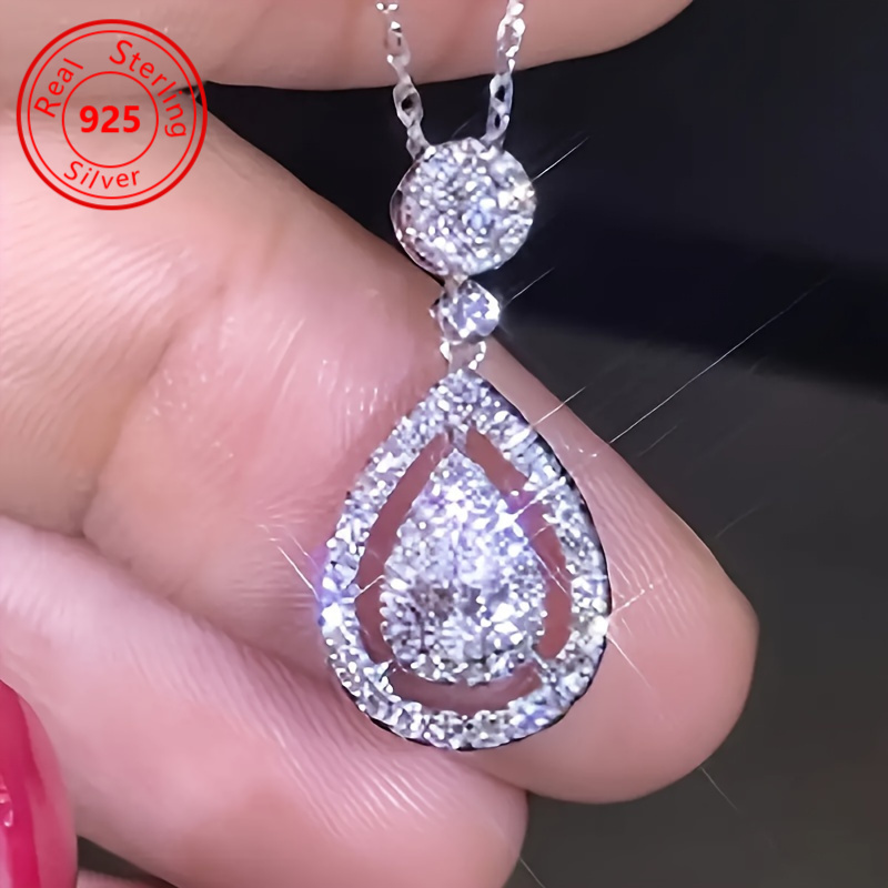 

1pc Delicate Water Drop Pendant 925 Sterling Silver Necklace Set With Shining Zirconia Women's Wedding Engagement Party Everyday Wear Elegant Necklace