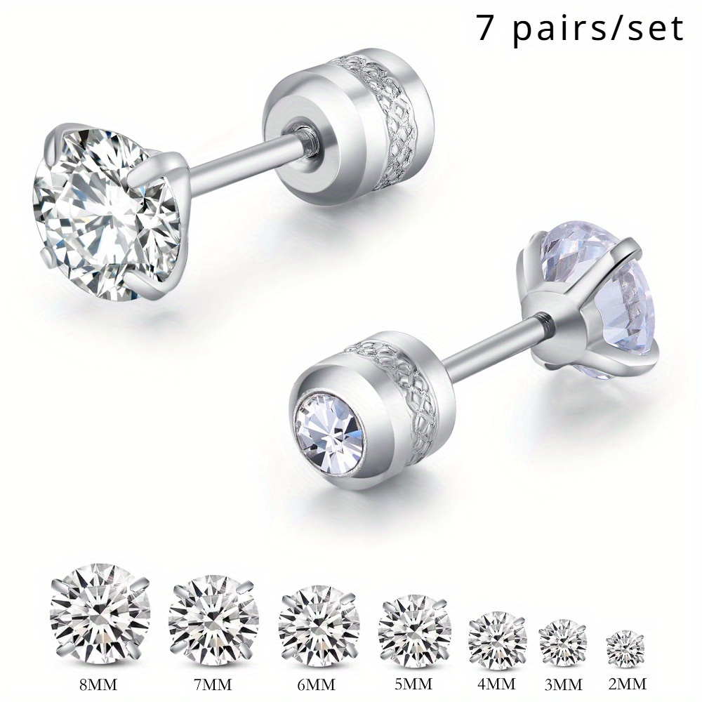 

7 Pairs/ Set Of Men's Titanium Steel Stud Earrings - With Sparkling Zirconia - Men's And Women's Accessories Fashion Jewelry