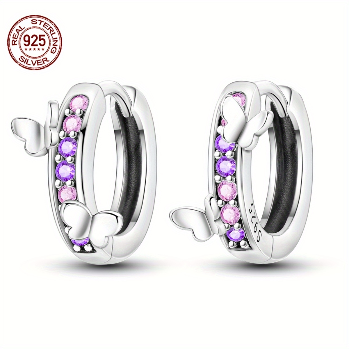 TEMU Hoop Earrings 925 Sterling Silver Hypoallergenic Jewelry Purple Inlaid For Women Party Exquisite Earrings