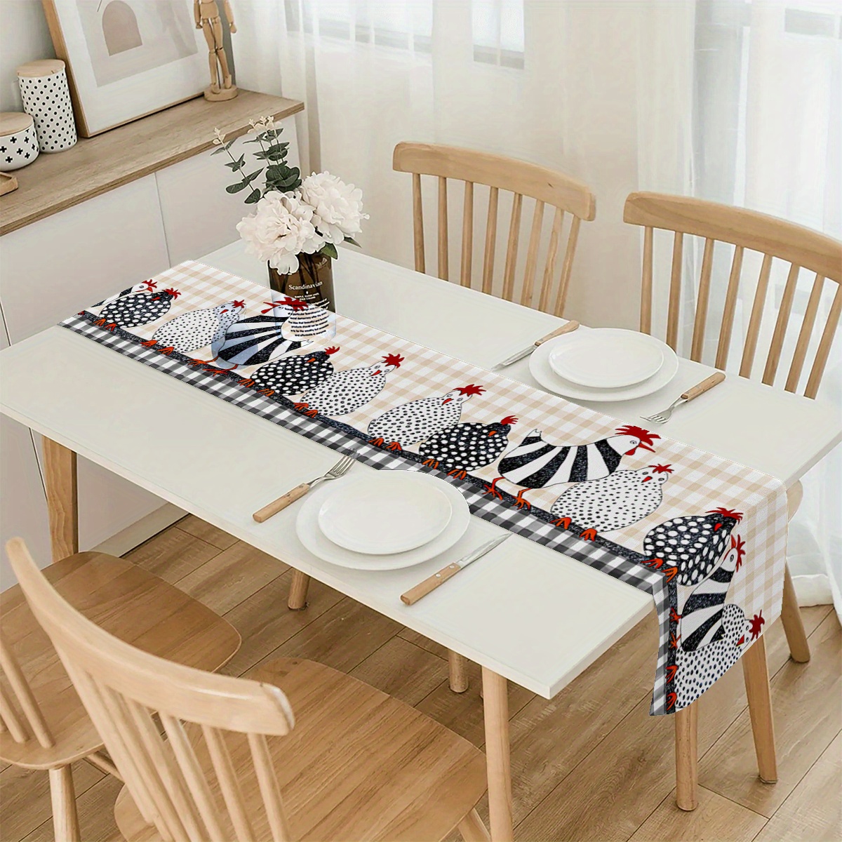 

Farmhouse Style Table Runner: 1pc Polka Dot Rooster Checkered Print, Polyester Material, Kitchen Table Decor, Rectangular Shape