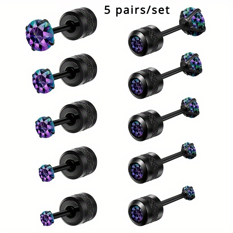 

5 Pairs/ Sets Of Titanium Steel Spiral Earrings Black Low Allergy Earrings Set With Colored Zirconia Accessory Jewelry For Men And Women