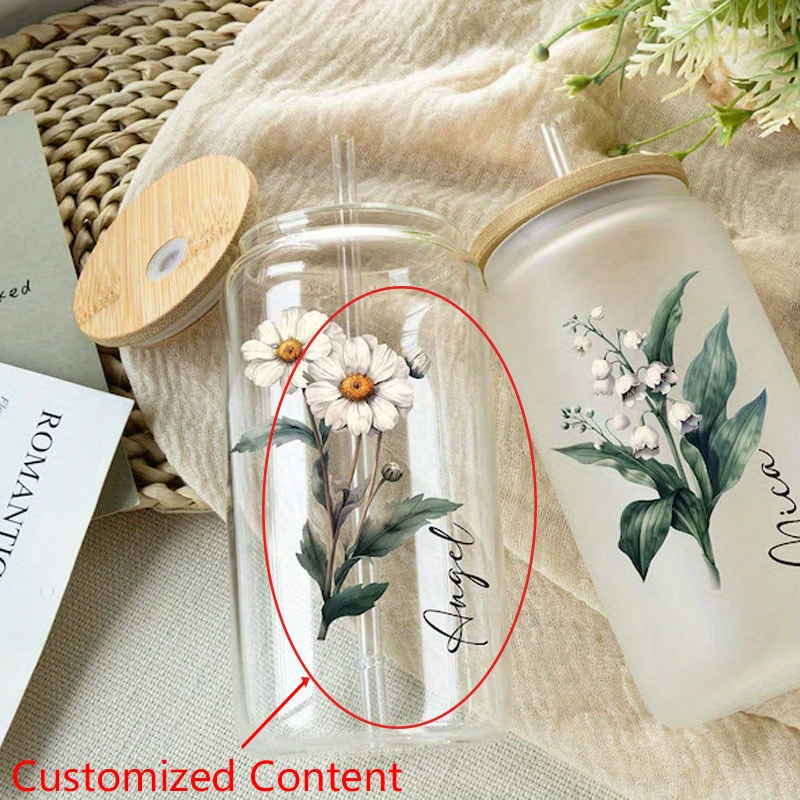 

1pc Personalized 16oz Glass Tumbler With Lid - Custom Hand-painted Flower Design, Reusable Travel Mug, Hand Wash Only - Ideal For Birthday Gifts, Bridesmaid Proposals, Parties