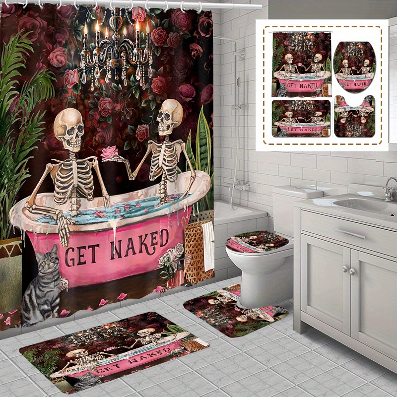 

Skeleton "get Naked" Shower Curtain Set With Hooks, Anti-slip Bath Mat, Toilet Cover, And Rug - Water-resistant Polyester Bathroom Decor Ensemble