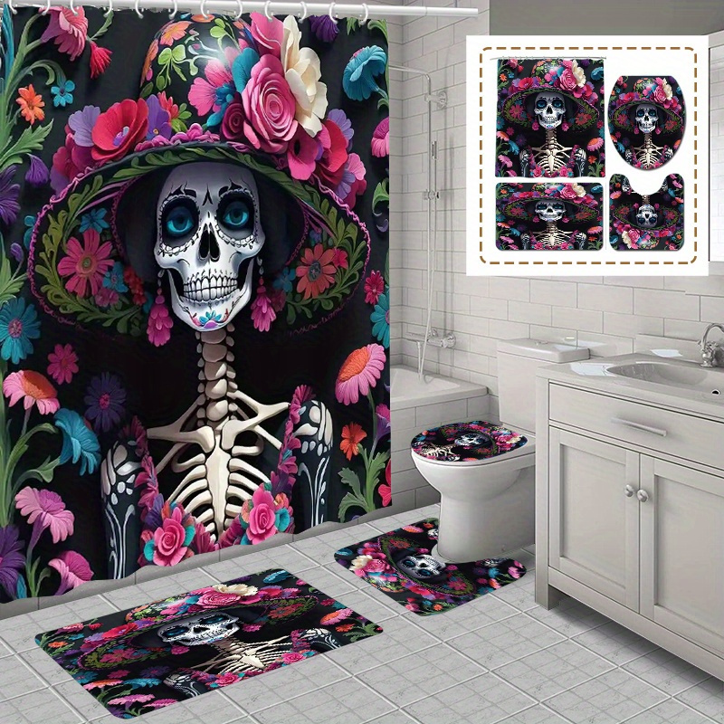 

Day Of The Dead Themed Shower Curtain Set - 1pc Or 4pcs Option Includes Waterproof Curtain, Non-slip Bath Mat, Toilet Lid Cover & U-shape Rug - Stylish Polyester Bathroom Decor With 12 Hooks