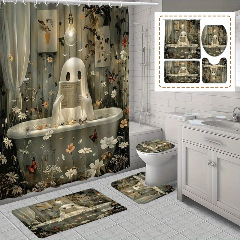 

1pc/4pcs Day Of The Dead Waterproof Shower Curtain Set With 12 Hooks And Bath Mat Toilet Seat Bathroom Seat Anti-slip Carpet Rug Polyester Fabric Curtain Bathroom Accessories Home Decor (open Jit)