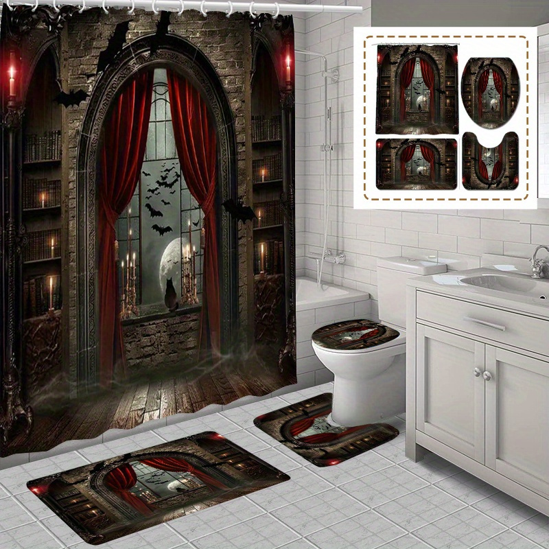 

Theme Shower Curtain Set With 12 Hooks - Day Of The Dead Fashion Design Polyester Fabric, Woven Anti-slip Bath Mat, Toilet Seat Cover, And Rug - Dry Clean Only Bathroom Decor Accessories