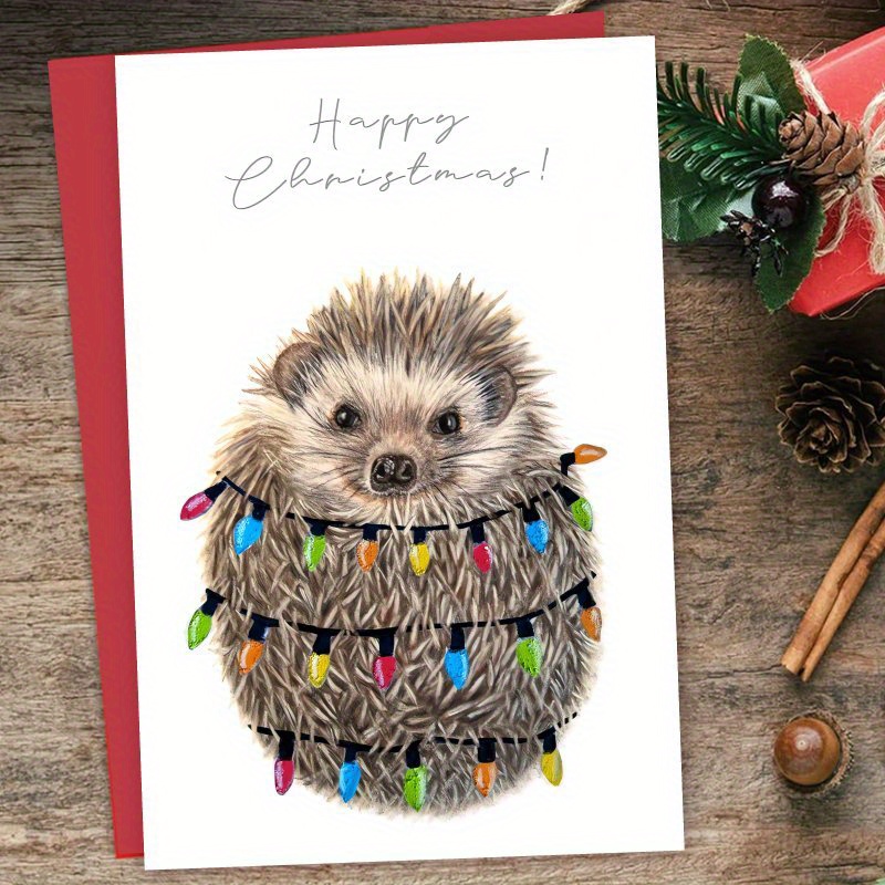 Image of A Fun Hedgehog Light Christmas Card - High-quality Paper With Envelope, Perfect Gift For , Family, And Colleagues, Unique Holiday Greeting Suitable For Anyone, Special Festive Present