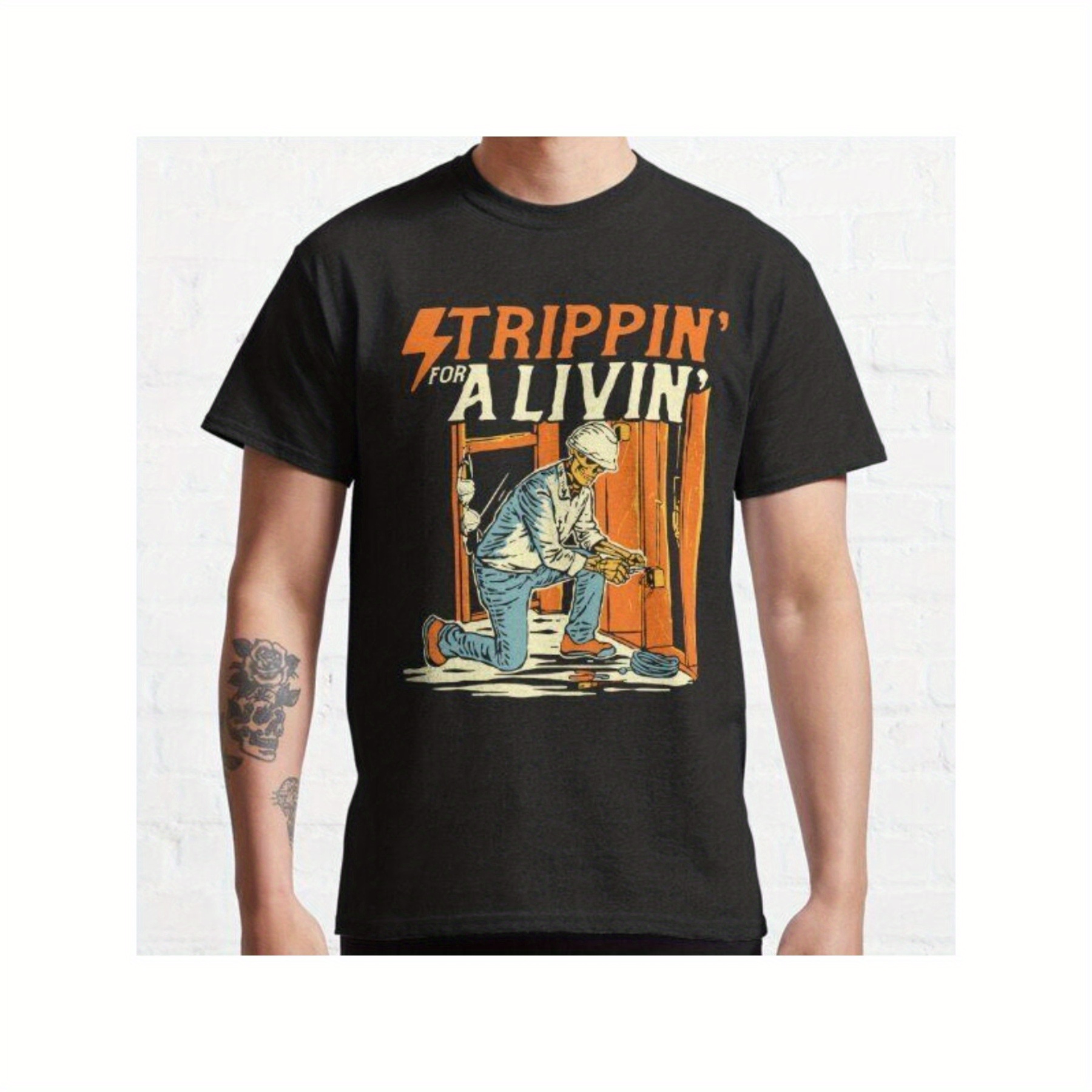 

Nwt "strippin' For A '" Electrician Graphic Tee, 100% Cotton, Casual Summer Shirt With Vintage Comic Book , Machine Washable - Black